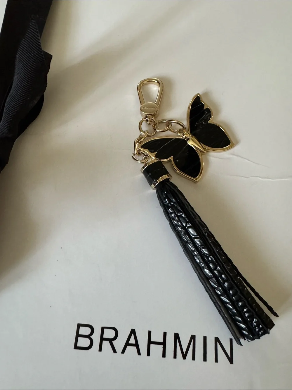 Beautiful Brahmin Black and Gold Butterfly Tassel Keyring